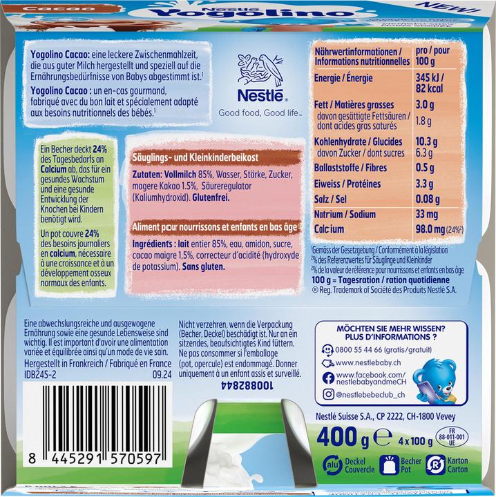 Nutritional values and ingredients Nestlé NESTLE Yogolino Cacao 12M 4x100g (400 g)