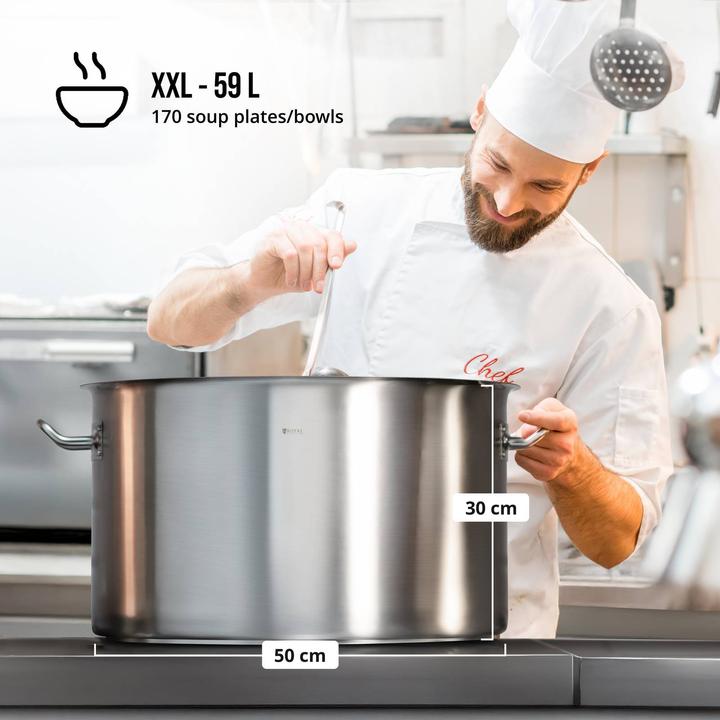 Produktbild Royal Catering Kochtopf Induktion 59 Liter Kochtopf + Deckel Suppentopf Rostfrei Topf Eintopf (Kochtopf, Edelstahl, 50 x 34 cm)