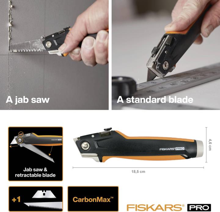 Produktbild Fiskars Universal-Trockenbaumesser, Länge 18,5 cm, Rostfreier Stahl/Kunststoff, Schwarz/Orange, Carb