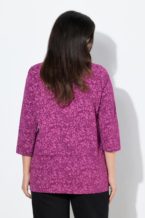 Immagine prodotto Ulla Popken Maglia dal taglio svasato con fiori, pieghe decorative, scollo a V e maniche a 3/4 (46, 48)