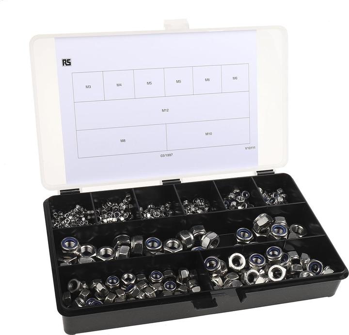 Immagine prodotto RS PRO Assortimento di dadi A4 M3 - M12 (M6, M8, M5, M4, M10, M3, M12)