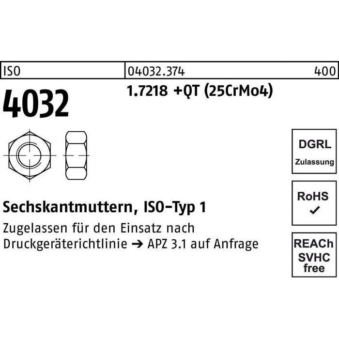 Bufab, Muttern + Unterlegscheiben, Sechskantmutter ISO 4032 M 27 1.7218 +QT (25CrMo4) (M2)