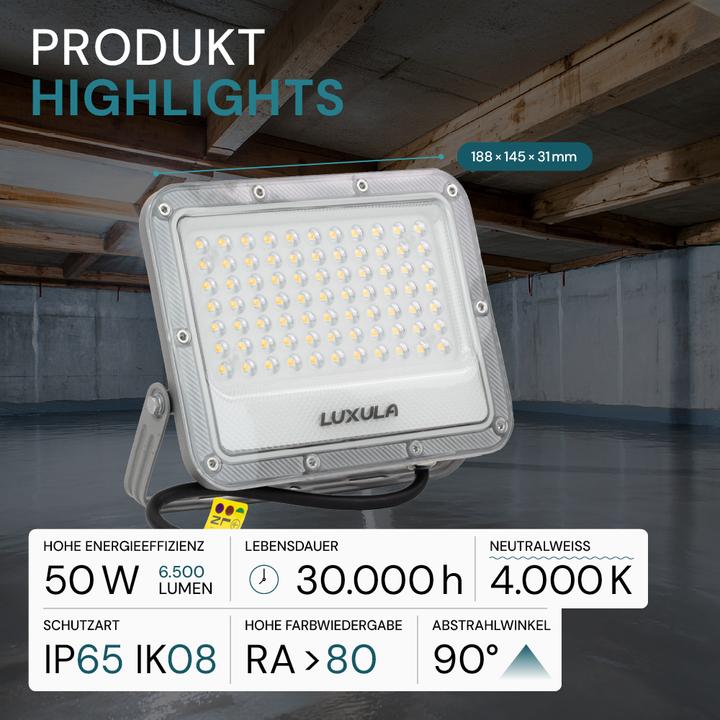 Produktbild Luxula LED-Fluter, EEK: E, 50W, 6500lm, 4000K, IP65, grau (6500 lm, IP65)