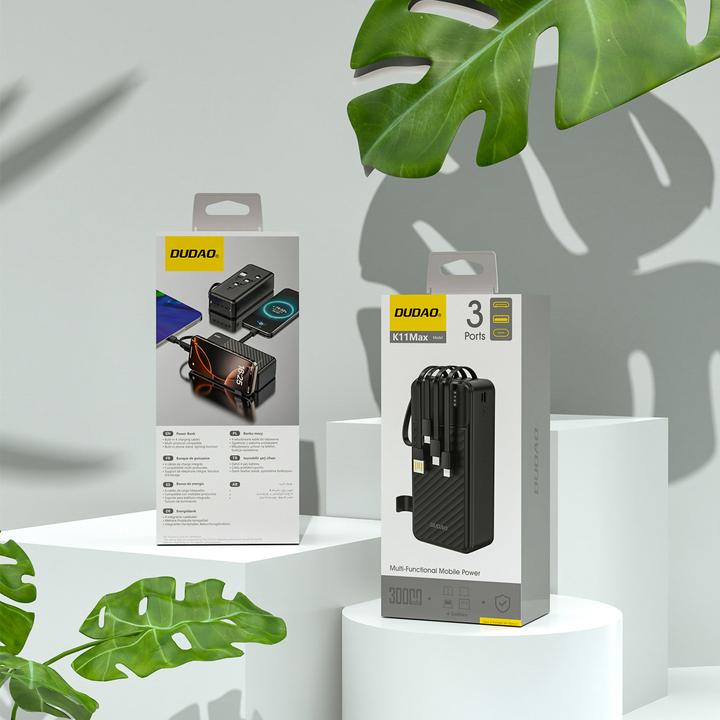 Immagine prodotto Dudao K11 Max 30000mAh Powerbank mit integrierten Kabeln - Schwarz (30000 mAh, 10 W)