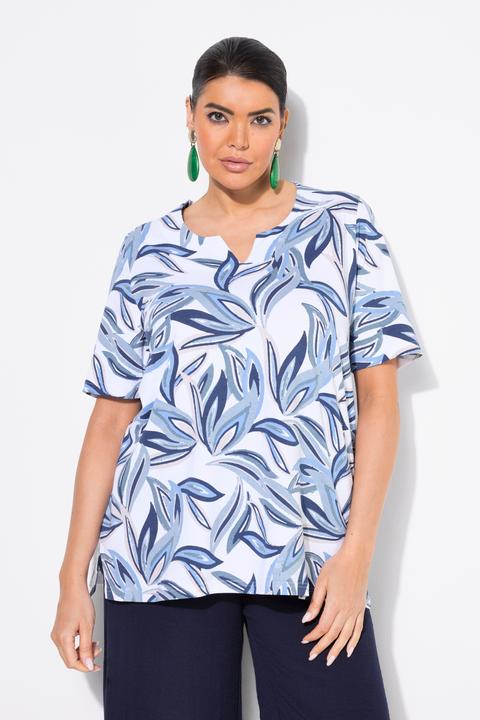 Image du produit Ulla Popken T-shirt à manches courtes et col tunisien, motif feuilles, coupe évasée (54)