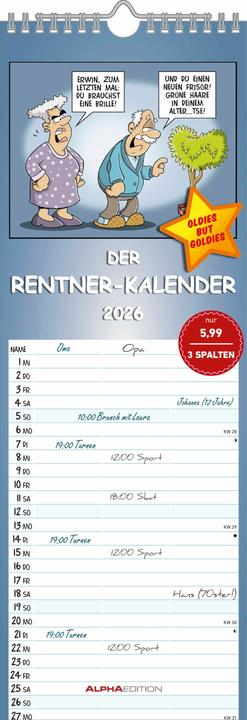 Produktbild Rentnerkalender2026Streifenkalender,15x42cm,Kalendermit3SpaltenfürTermi