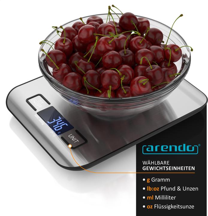 Produktbild Arendo Digitale Lebensmittelwaage bis 5 kg aus Edelstahl, Messgenauigkeit 1g, Tara-Funktion, Display