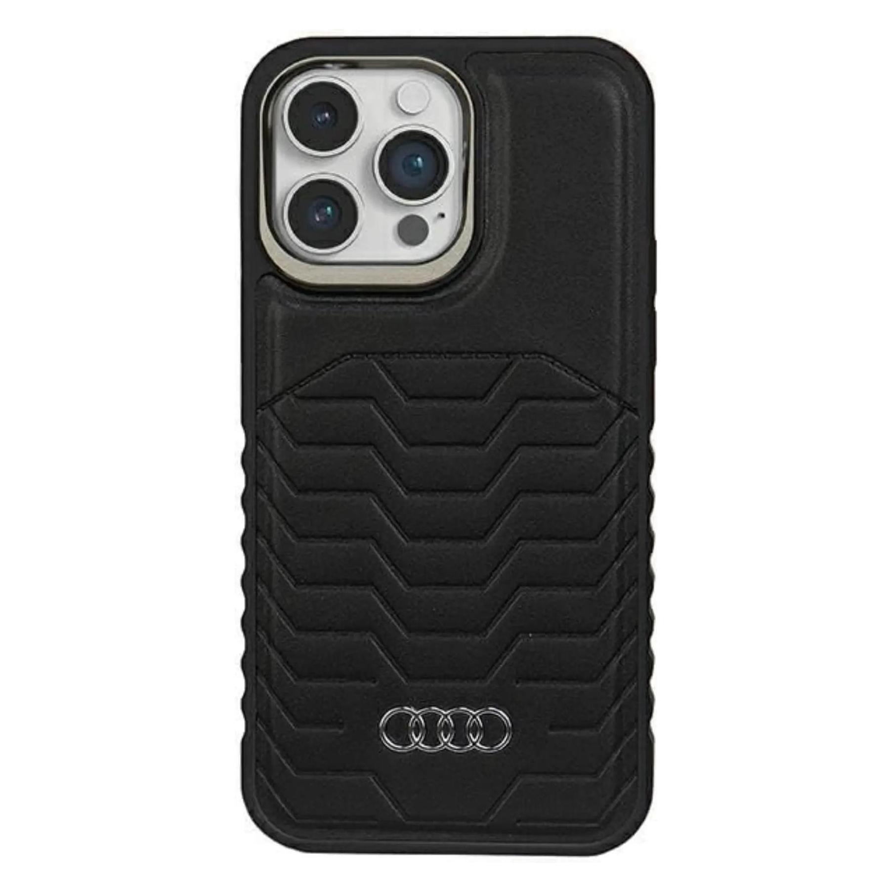 Audi Synthetic Leather MagSafe IPhone 14 Pro 6.1" Czarny/black Hardcase Au-TPUPCMIP14P-Gt/D3-Bk (Apple IPhone 14 Pro), Smartphone Hülle, Schwarz