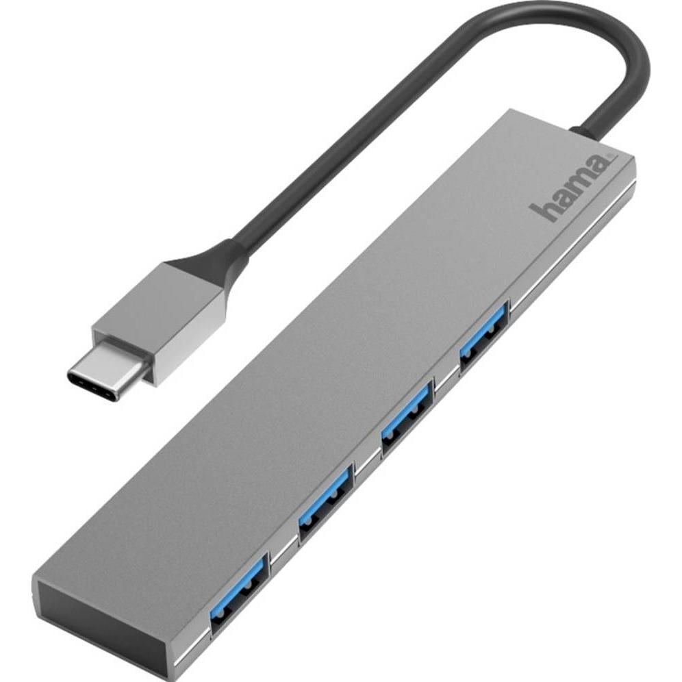 Hama Ultra Slim (USB-C, 4 Ports), Dockingstation + USB Hub, Grau