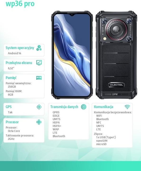 Immagine prodotto Oukitel Smartphone WP36 Pro 6/256 10600 mAh Schwarz (256 GB, Nero, 6.52", Doppia SIM, 4G)