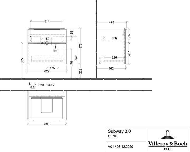 Actual product image Villeroy & Boch Subway 3.0, 622x576x478 mm, washbasin cabinet, 2 drawers, C576L2