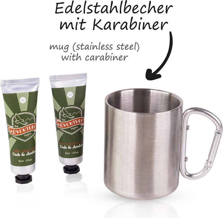 Actual product image Accentra ADVENTURE COLLECTION bath set in stainless steel cup (350ml) with carabiner handle, incl. 60ml (Manicure set)
