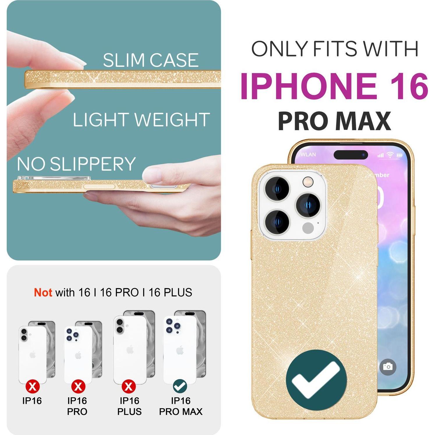 Thumbnail - Nalia Glitzer Hybrid Hülle (Apple iPhone 16 Pro Max), Smartphone Hülle, Gold