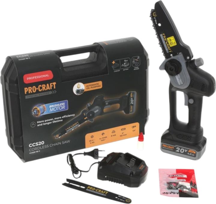 Produktbild Procraft CCS20 Akku Mini Kettensäge 20 V 152 mm Brushless + 1x Akku 4,0 Ah + Ladegerät + Koffer (Akku Kettensäge)