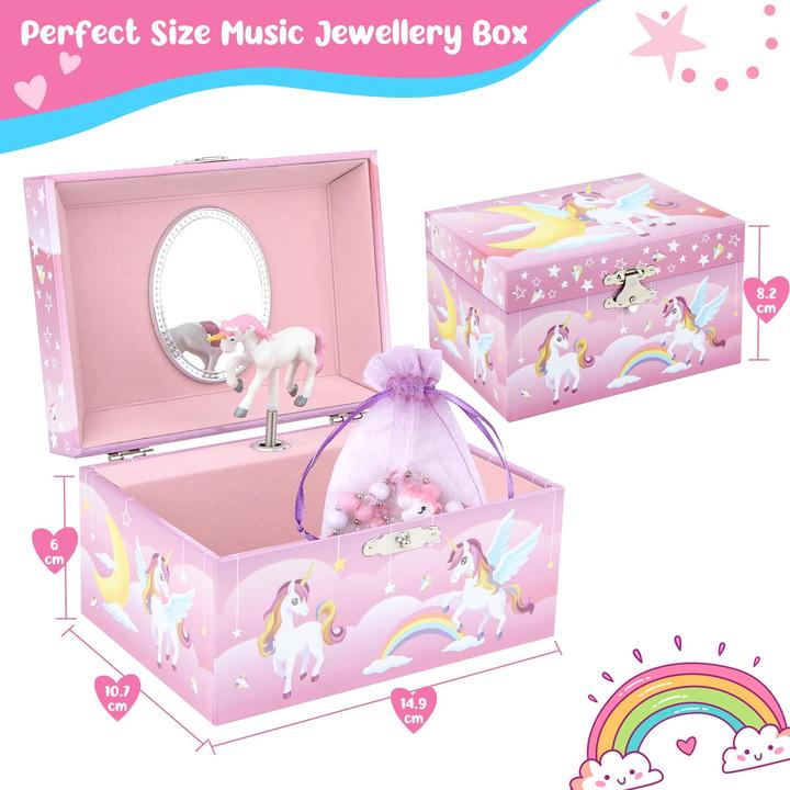 Produktbild Only-Bags.Store Schmuckkästchen mit Spieluhr mit Einhorn-Schmuckset, Kinderschmuckkästchen Spieluhr mit drehender