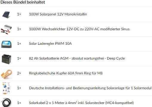Produktbild Autosolar Solaranlage Set: 100W mit 82Ah AGM-Batterie und 1000W-Wechselrichter (100 W)