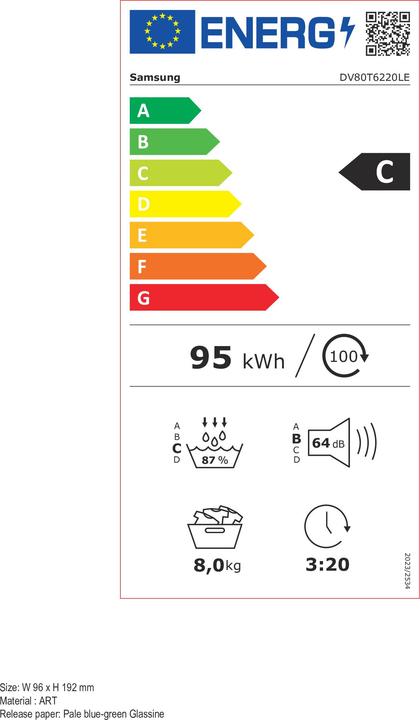 Energie-Label Samsung DV80T6220LE  6000 serie (8 kg, Rechts)