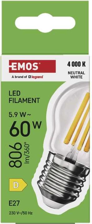 Immagine prodotto Emos Lampada LED Filament Mini Globe / E27 / 5,9 W (60 W) / 806 lm / Bianco neutro (E27, 806 lm, 1 x)