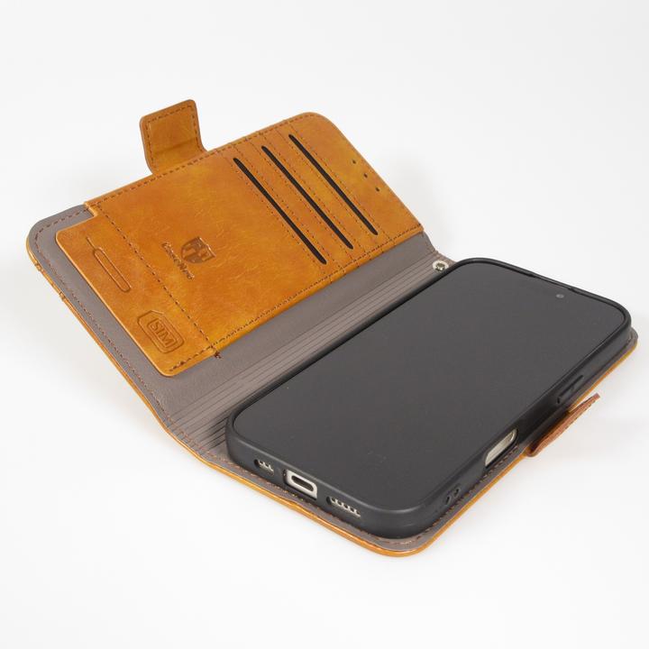 Produktbild PhoneLook Leder Tasche Flip Wallet mit Akzentstreifen & Kartenhalter Hellbraun (Apple iPhone 17 Pro Max)