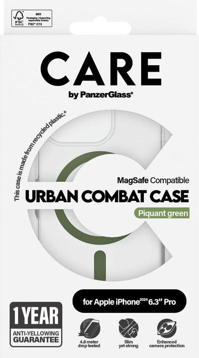 Actual product image PanzerGlass CARE Flagship Case Urban Combat w. Green MagSafe iPhone '24 6.3" Pro (Apple iPhone 16 Pro)