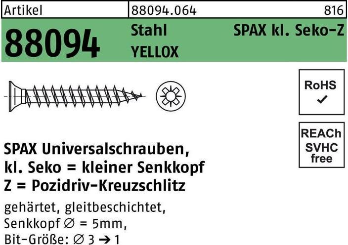 Image du produit Spax Vis R 88094 tête fraisée petite pointe/croisée-PZ 3 x 15/12-Z acier électro-galvanisé jaune (1000 Vis par pièce)
