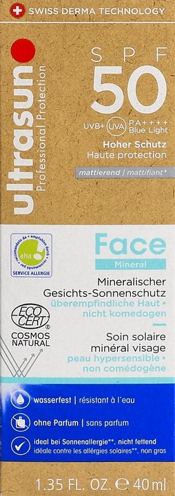 Nutritional values and ingredients Ultrasun Face Mineral SPF50 Fl 40 ml (Sun cream face, SPF 50, 40 ml, 500 g)