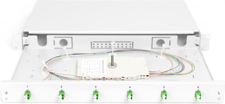 Immagine prodotto Digitus Scatola di giunzione FO, 1U, equipaggiata, 6x LC DX, OS2, APC incl. cassetta di giunzione, pigtail