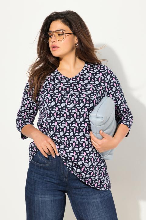 Image du produit Ulla Popken T-shirt avec plis fantaisie. Col en V et manches 3/4, coupe évasée. (62)