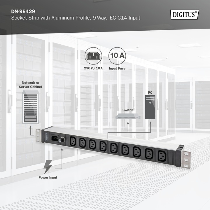 Produktbild Digitus Steckdosenleiste mit Aluminiumprofil, 9-fach, IEC C14 Eingang