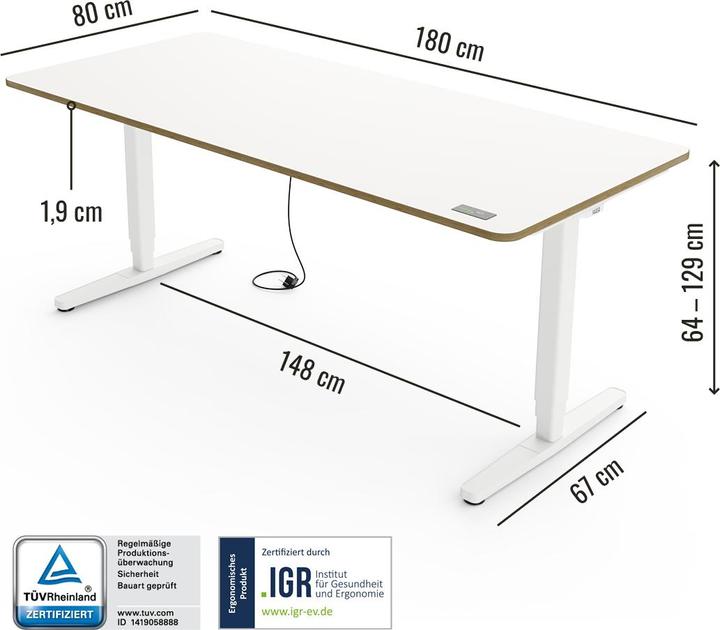 Image du produit Yaasa Desk Pro - bureau réglable en hauteur (180 x 80 x 129 cm)