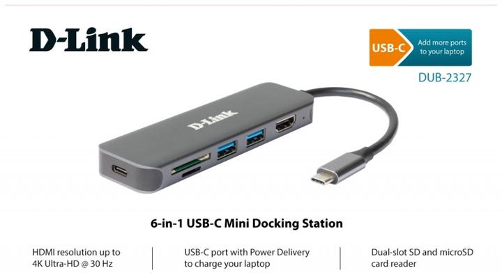 Image du produit D-Link DUB-2327, USB Type-C, HDMI, USB 3.2 Gen 1 (3.1 Gen 1) Type-A, USB Type-C, MicroSD (TransFlash (USB-C, 6 ports)