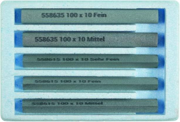 Actual product image 5-piece silicon carbide honing file range, in plastic box
