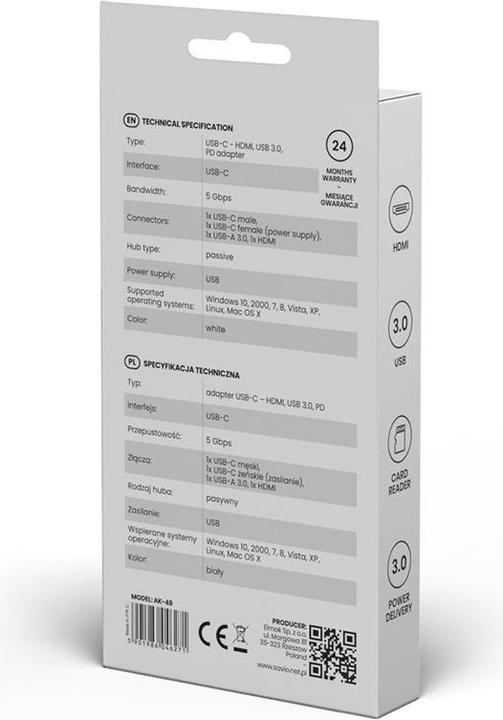 Image du produit Savio AK-48 USB Type C - HDMI USB 3.0 PD USB Type-C Blanc (USB-C, 2 cm)