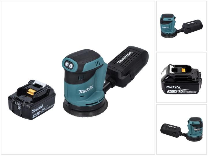 1x Makita DBO 180 Akku Exzenterschleifer, 1x Schleifpapier, 1x Staubsammelaufsatz, 1x Makita BL 1830 B 18 V 3,0 Ah Akku, ohne Ladegerät