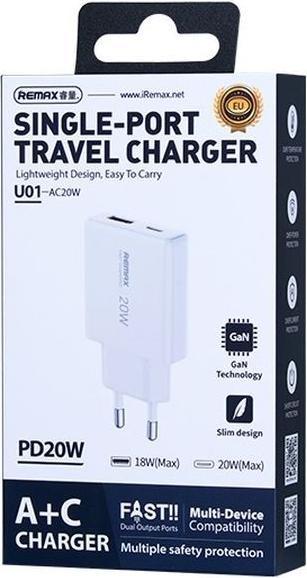 Actual product image Remax ULTRA THIN GaN 20W RP-U01-AC WEISSES Netzteil (20 W, 2 ports)