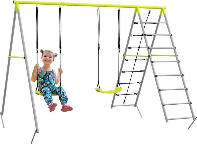Produktbild Swisshandel24 Kinderschaukel-Set Schaukelgerüst, Schaukelgestell mit 2 Schaukeln, Kletternetz, Sprossenleiter, Gar