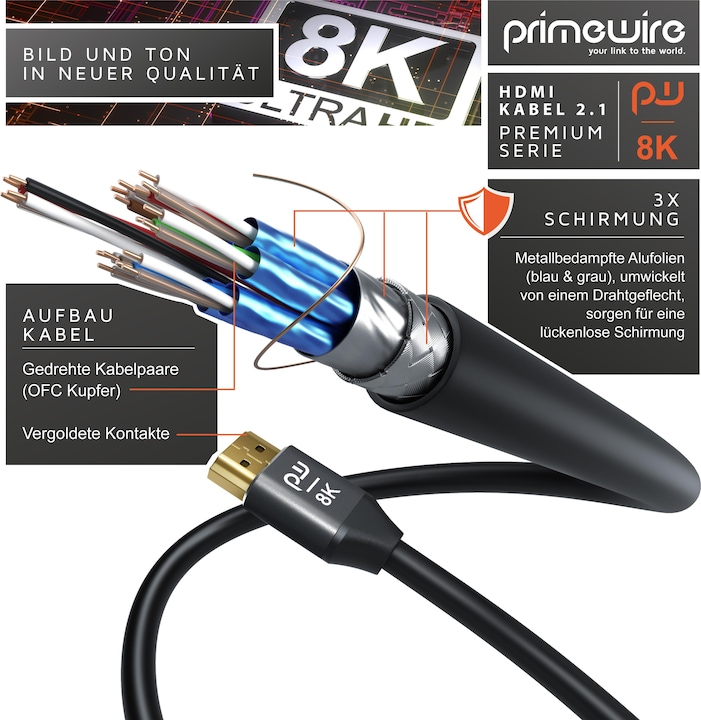 Image du produit Primewire Câble HDMI 2.1, 8K 60 Hz, Premium Ultra HD, haute vitesse 7680 x 4320 @ 120 Hz - 4k @ 240 Hz avec (0.50 m, HDMI)