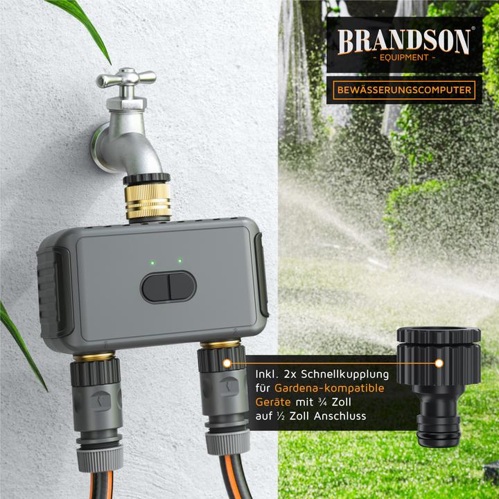 Actual product image Brandson Smarter Bewässerungstimer WLAN/App, 2-Zonen, Tuya, Alexa/Google, Regenverzögerung, Adapter-Set, IPX5