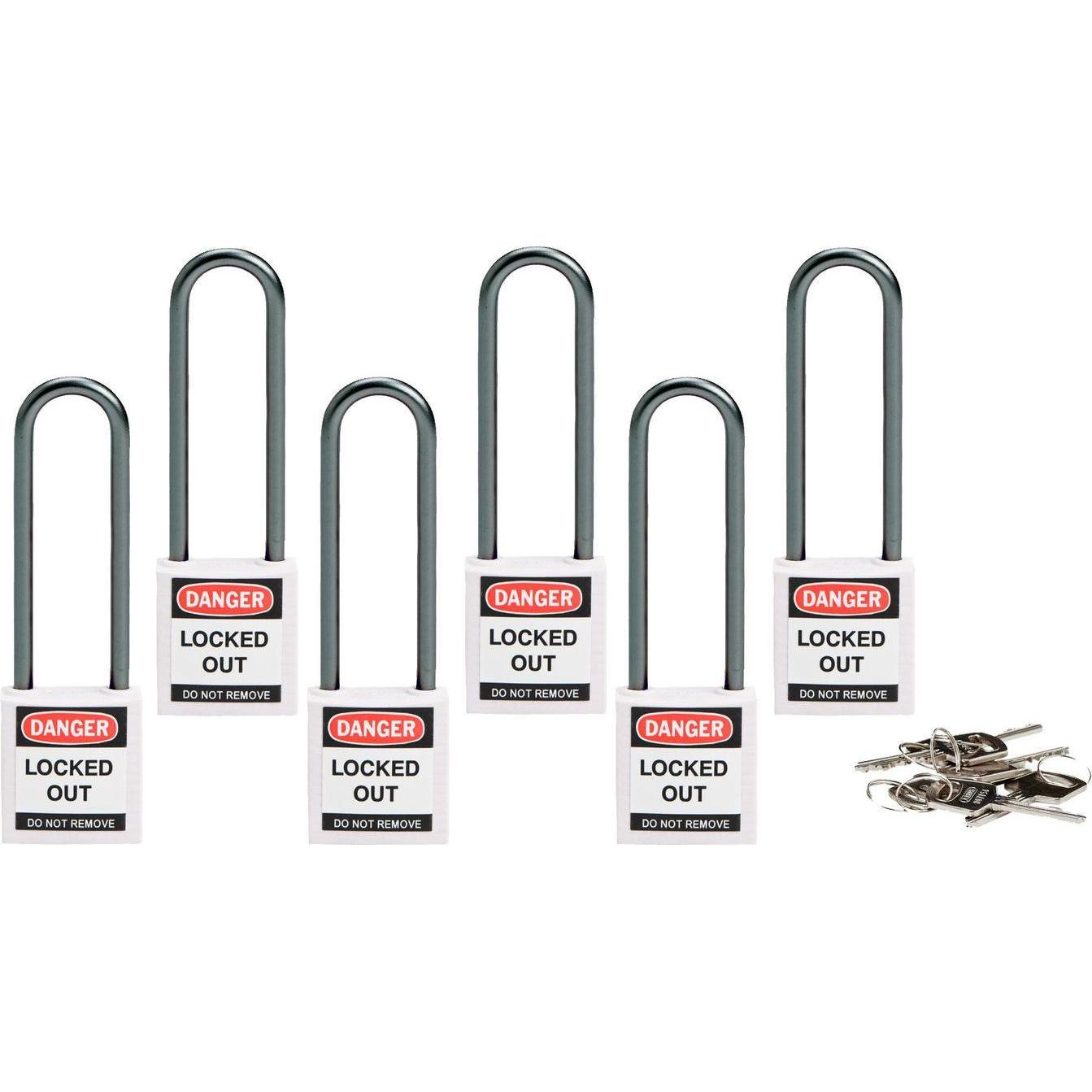 Brady, Vorhängeschloss, kompaktes Sicherheitsschloss Nylon, Weiss, 75mm Bügelhöhe, 4,7mm Aluminium-Schliessbügel (Keye