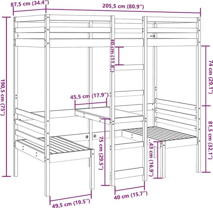 Valeurs nutritives et ingrédients VidaXL Lit superposé avec bureau & chaises (80 x 200 cm)