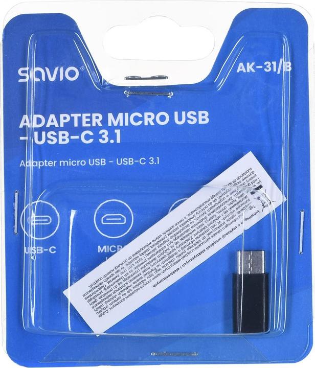 Produktbild Savio AK-31 / B Kabelschnittstellen-/Gender-Adapter Micro USB USB 3.1 Typ C Schwarz (Micro USB, USB 3.1, 1.05 cm)