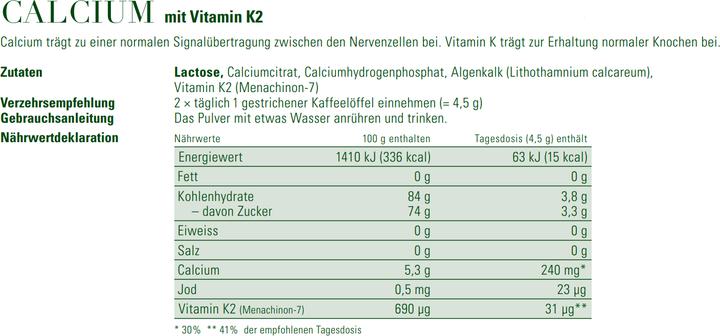Nährwerte und Zutaten Phytomed Infit Calcium + Vitamin K2 Complex Complex (1 Stk., Tabletten, 500 g)