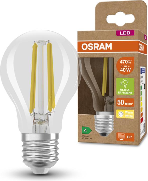 Productafbeelding Osram LED LAMPEN ENERGIEKLASSE A ULTRA-EFFICIËNTE GLOEIDRAAD CLASSIC A 40 CL 2,5 W/3000 K E27 FIL (E27, 2.50 W, 525 lm, 1 x, A)