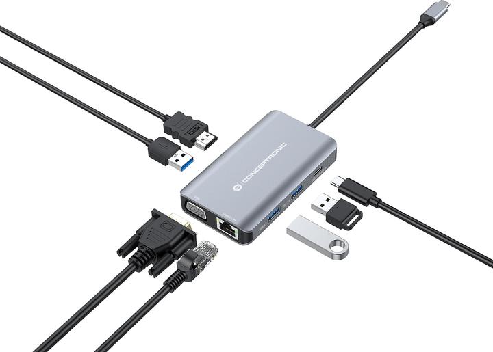 Produktbild Conceptronic Dock USB-C->HDMI,VGA,GbE,3xUSB3.0,100WPD 0.25m (USB-C)
