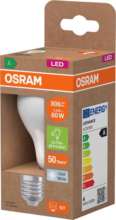 Immagine prodotto Osram Lampada LED ad alta efficienza classe A Filament CLASSIC 3.8W 840 smerigliata E27 806lm 4000K neutra (E27, 3.80 W, 806 lm, 1 x, A)