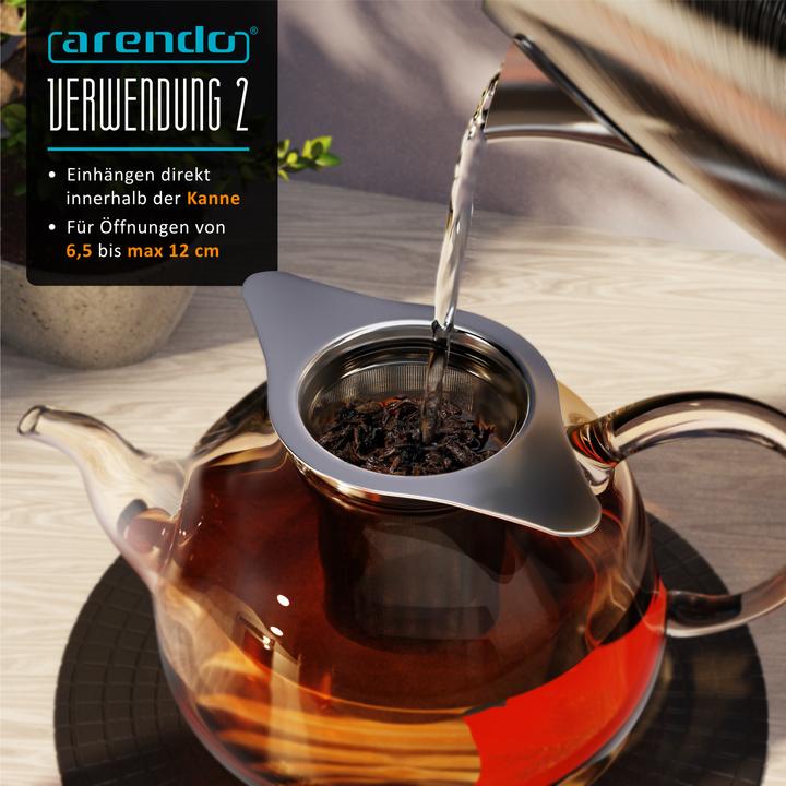 Produktbild Arendo Teesieb, Edelstahl, Doppelgriff & Multifunktionsdeckel, für Kannen & Tassen, Teefilter, Kräutersieb