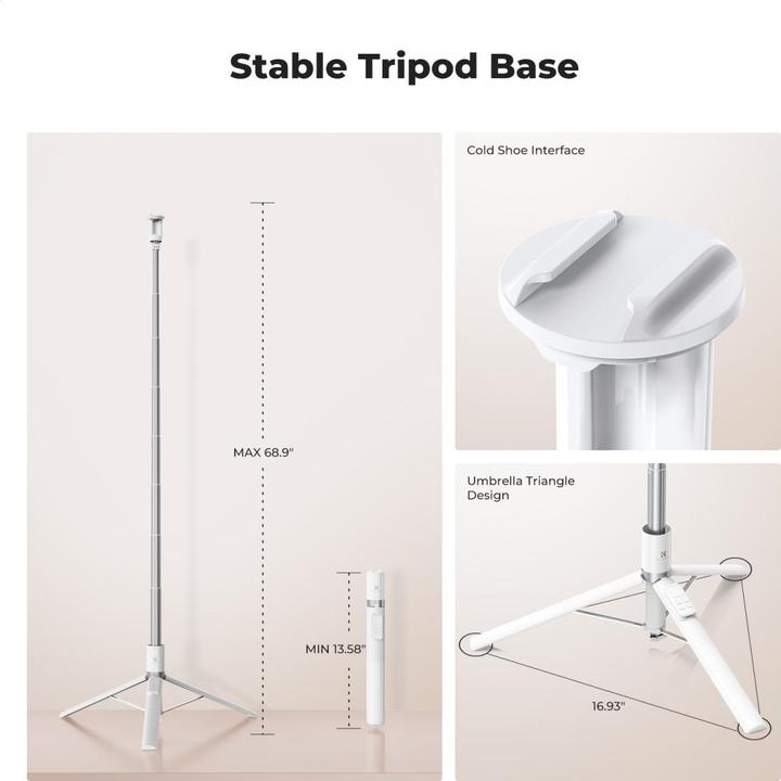 Actual product image K&F Concept X96 1.75M Phone Selfie Stick with 9 Buttons Bluetooth Remote Control, Phone Holder (White)