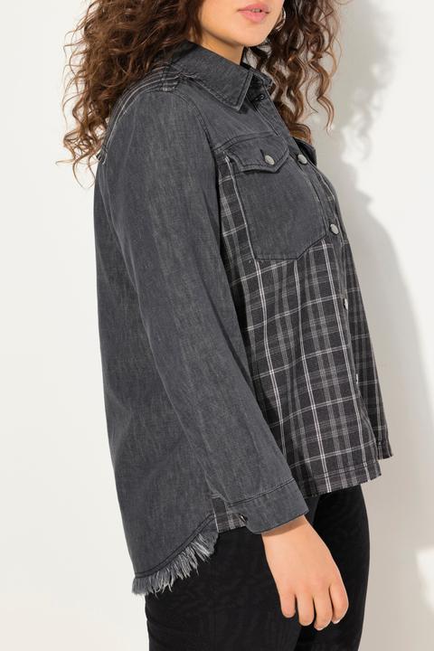 Immagine prodotto Ulla Popken Camicia di jeans con inserto in flanella, collo da camicia, frange e maniche lunghe (50, 52)