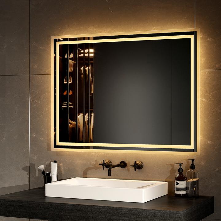 Produktbild Emke Badspiegel mit Beleuchtung 80*60cm, Warmweiss3000K, Dimmbar, Wand Schalter (80 x 60 cm)
