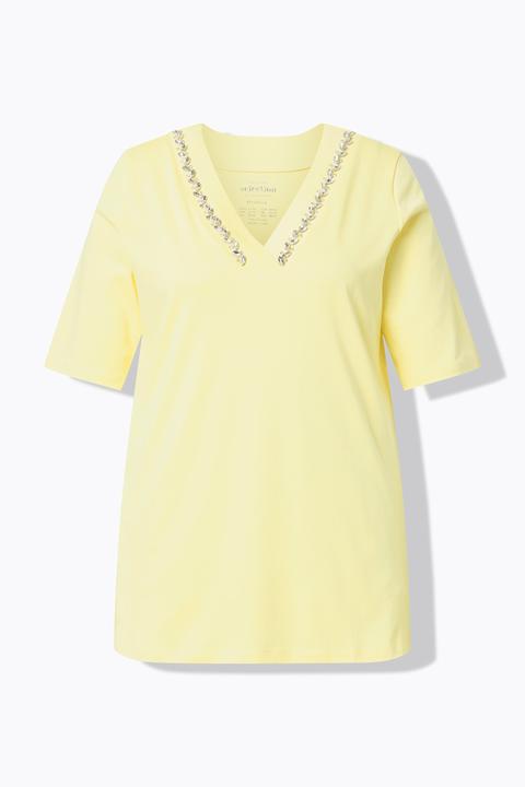 Ulla Popken T-Shirt, Ziersteine, V-Ausschnitt, Halbarm, Pima Cotton (52)